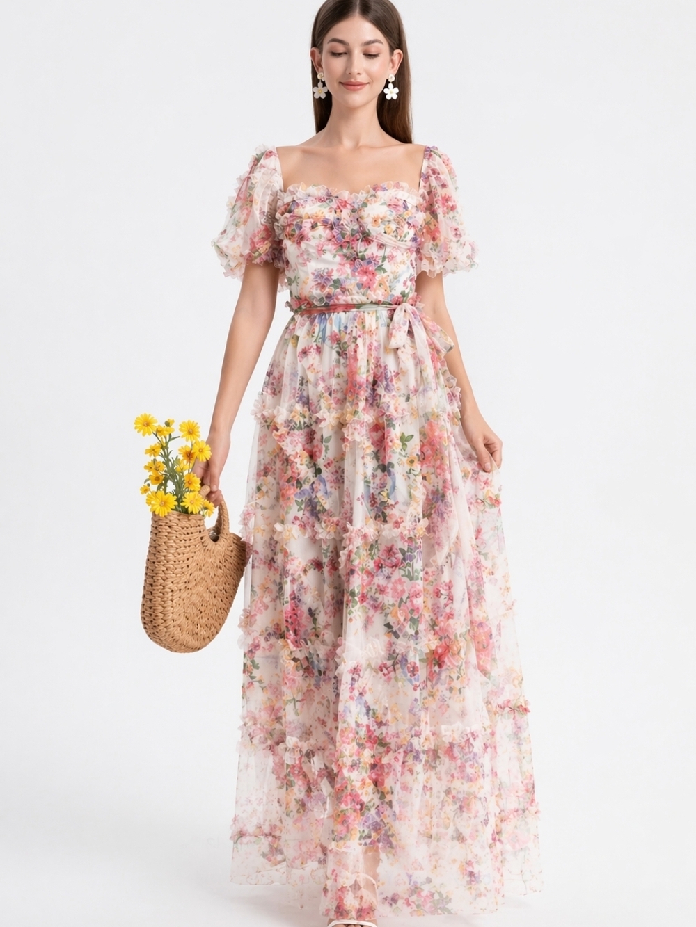Dalia MacPhee Floral Tulle Maxi Dress – Size Large NWT